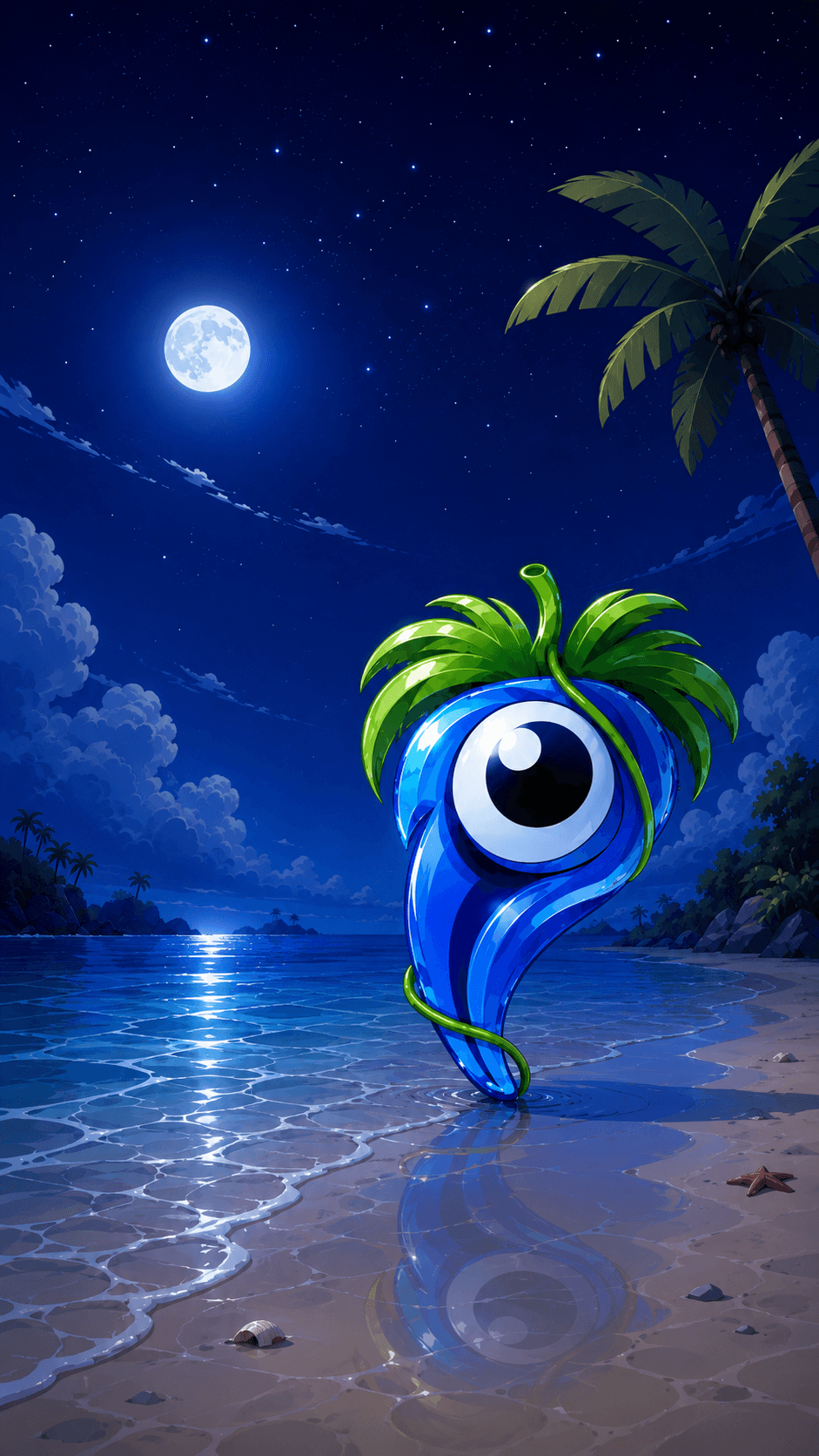 FLoCK™ character on a beach surrounded with moonlight
